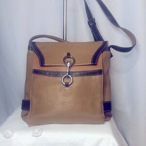 PUNTOTRES tan and brown genuine pebble leather crossbody. Made in Spain.